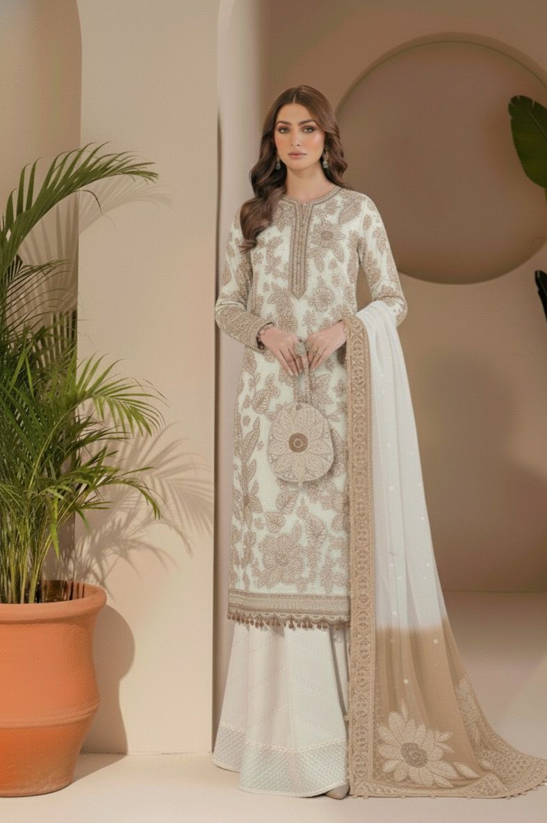 Embroidered Off-White Semi Pure Chiffon Suit with Matching Dupatta – 3-Piece Pakistani Festive Wear