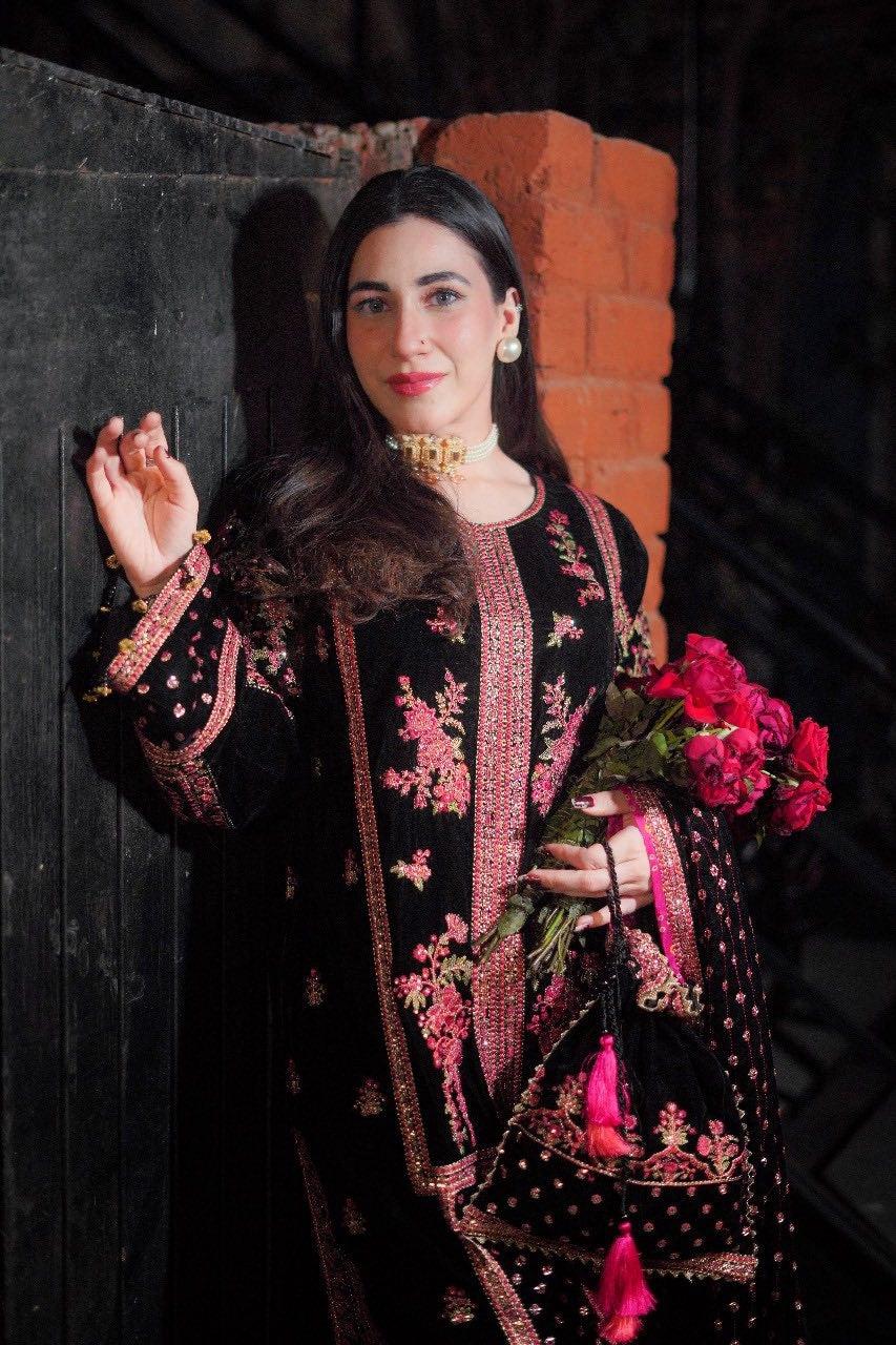 Black Luxury Heavy Embroidered Velvet Suit with Matching Dupatta | Elegant Winter Formal & Festive Wear