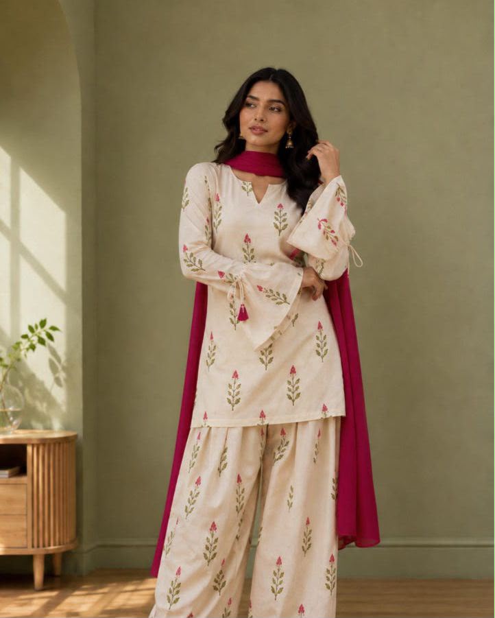 Floral Printed Kurti with Farshi Shalwar and Contrast Dupatta Set – Casual & Festive Wear