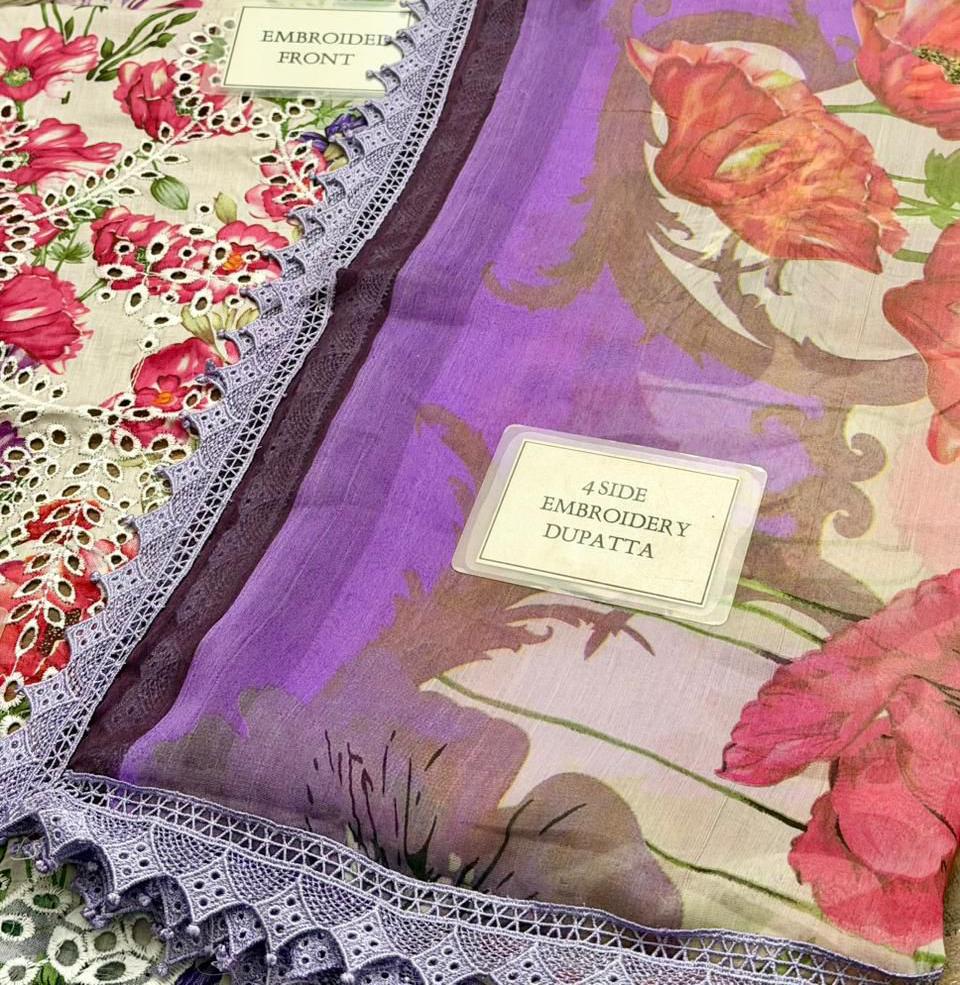 3-Piece Luxury Floral Print Cotton Lawn Suit - Vibrant Fuchsia & Violet