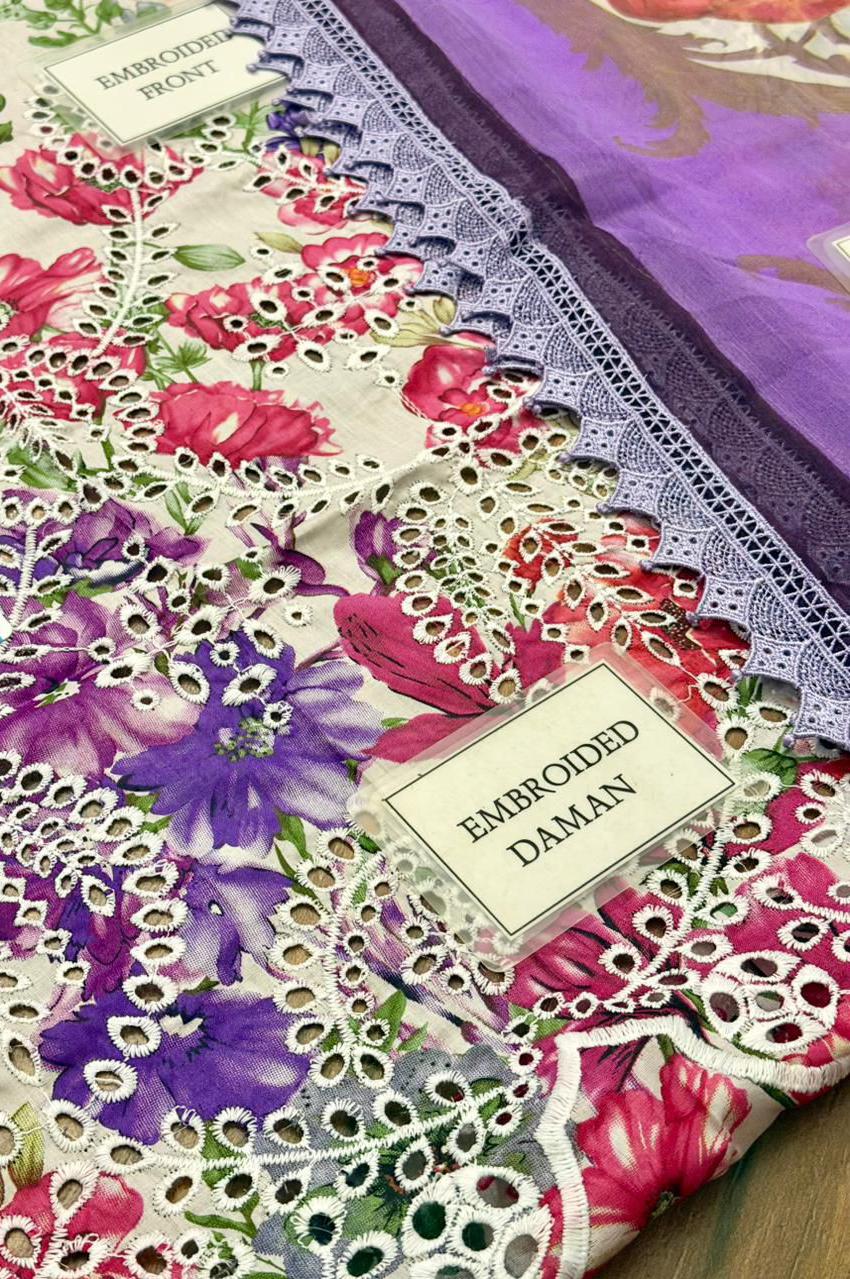 3-Piece Luxury Floral Print Cotton Lawn Suit - Vibrant Fuchsia & Violet