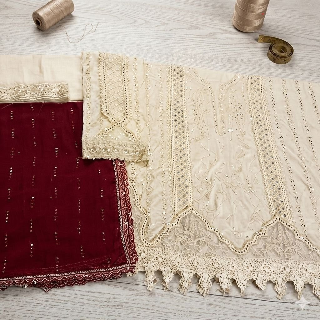 Ivory Luxe Lawn Embroidered 3-Piece Suit with Crimson Dupatta