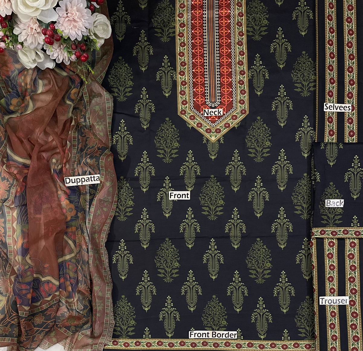Luxury Contemporary Motif-Print Ensemble with Matching Dupatta