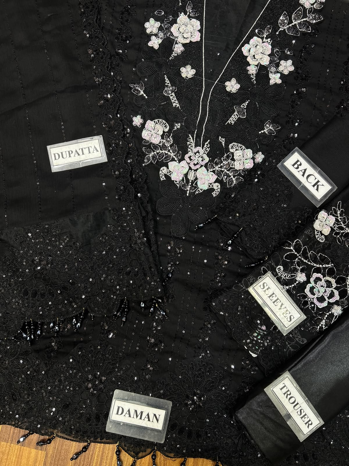 Jet Black Luxury Chiffon Heavy Embroidered Suit with Silk Trouser | Formal & Festive Wear