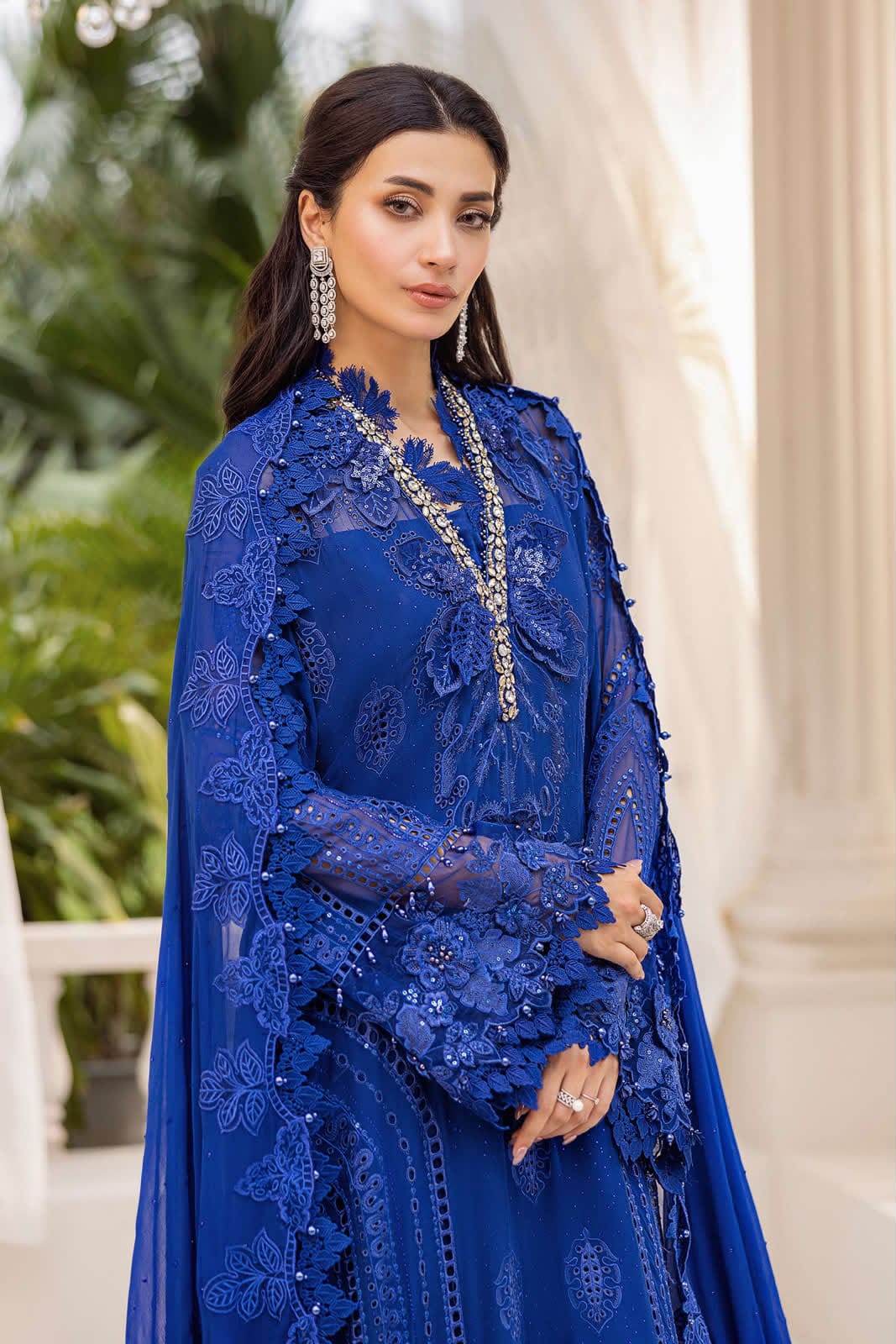 Royal Blue Embellished Chiffon Evening Gown – Elegant Floral Embroidered Occasion Wear