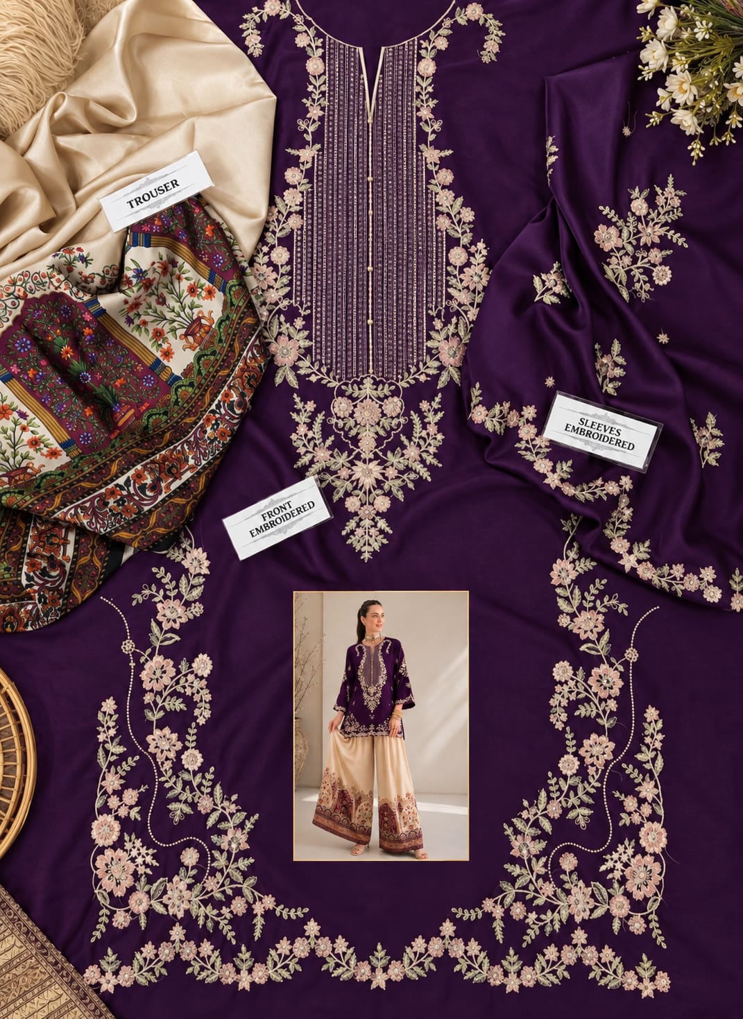 2-Piece Silk Embroidered Suit with Printed Palazzo | Luxury Formal & Festive Wear
