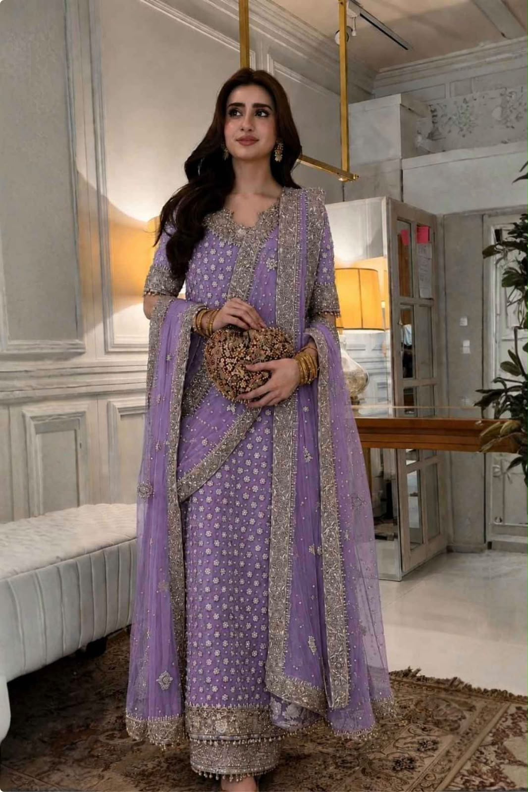 Luxury Chiffon Suit with Adda Work & Matching Clutch | Elegant Festive & Wedding Wear