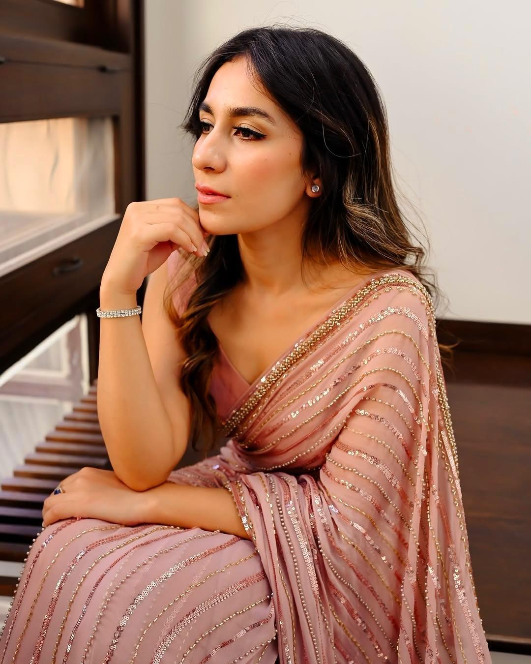 Blush Pink Semi-Pure Chiffon Sequinned Saree | Elegant Formal & Festive Wear