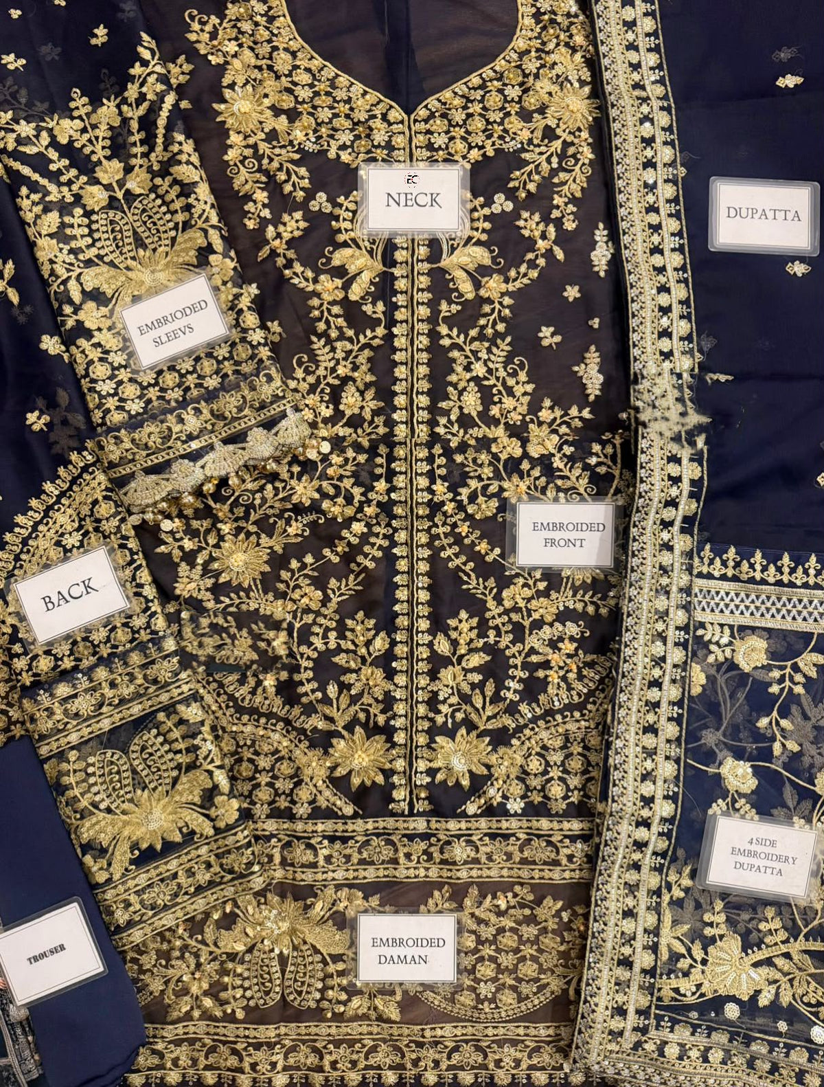 Midnight Blue Zari Embroidered 3-Piece Pakistani Suit with Embellished Dupatta
