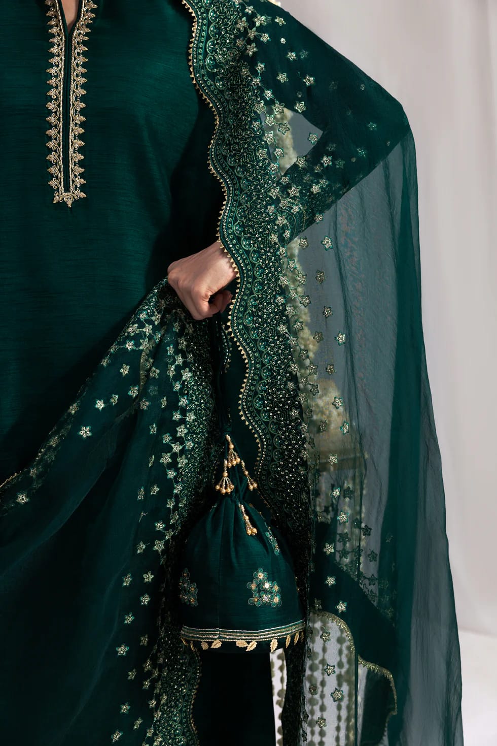 Luxury Raw Silk Embroidered Suit with Sheer Scalloped Dupatta | Formal & Festive Wear