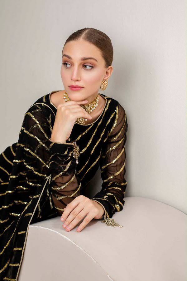 Luxury Formal Linear Embellished Suit with Heavy Border Bottoms