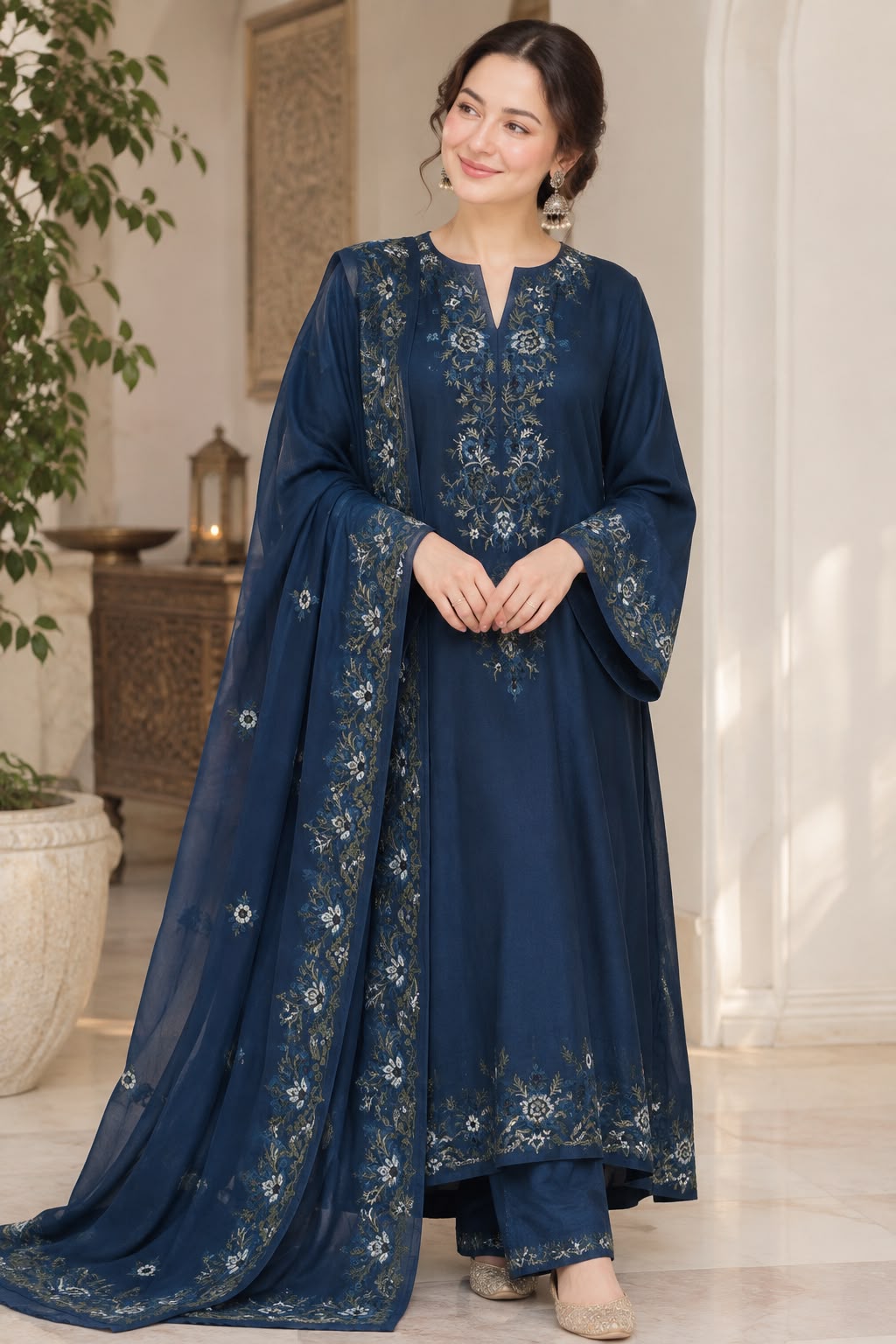 Formal Embellished Long Shirt Ensemble with Matching Dupatta