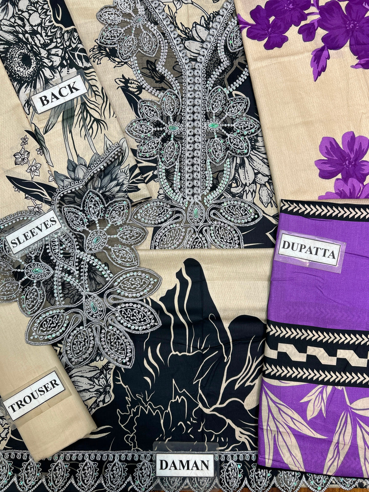 Printed Lawn Suit with Heavy Embroidered Neckline & Purple Floral Dupatta | Casual & Festive Wear