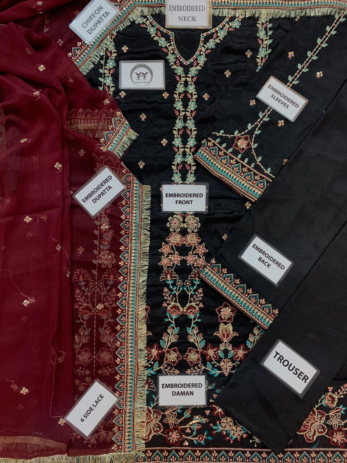 Embroidered Cotton Silk Sequence Work Suit with Chiffon Dupatta | Luxury Festive Wear