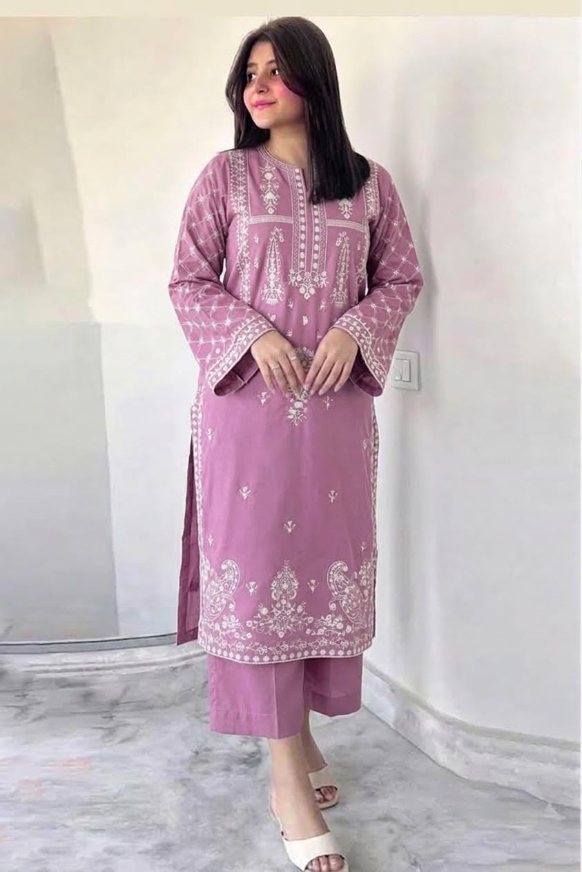 Embroidered Dhanak Fabric 2-Piece Kurti with Trouser Set – Winter Festive Wear