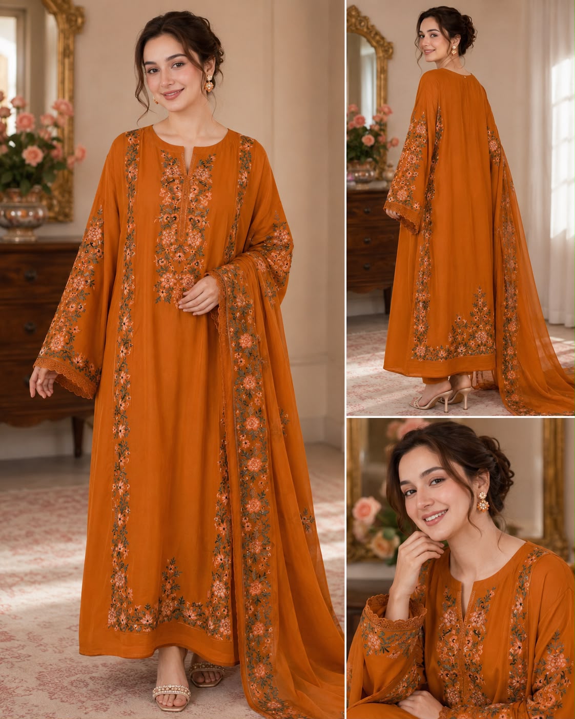 Formal Embellished Long Shirt Ensemble with Matching Dupatta