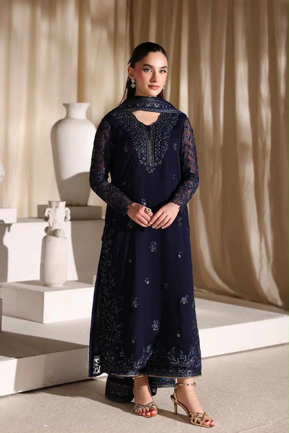 Midnight Navy Luxury Chiffon Embroidered Suit with Malai Trouser | Elegant Formal & Festive Wear