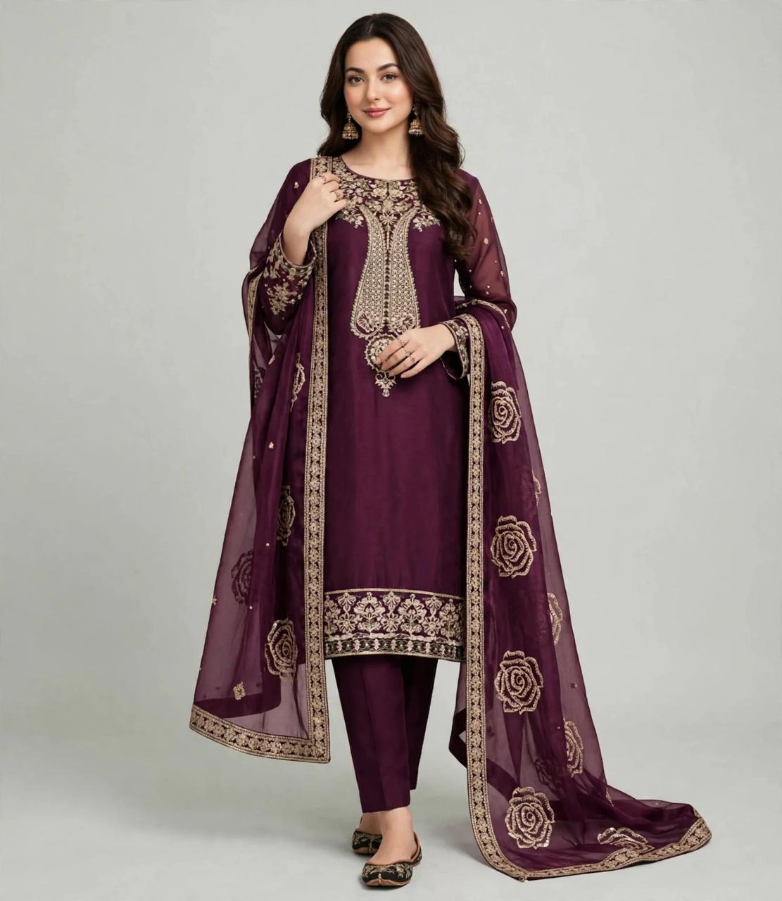 Luxury Shesha Lava Silk Suit with Matching Fabric Dupatta & Plain Malai Trouser | Formal & Festive Wear