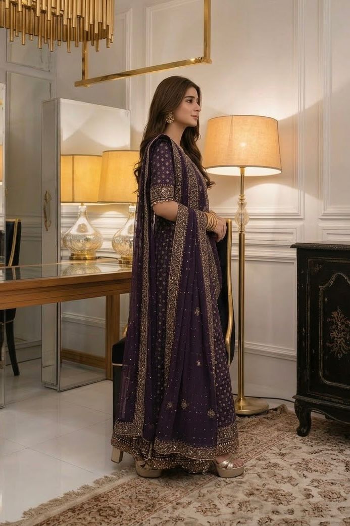 Luxury Chiffon Suit with Adda Work & Matching Clutch | Elegant Festive & Wedding Wear