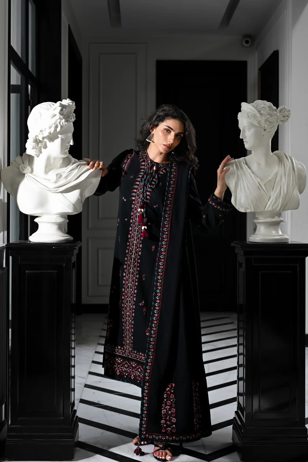 Elegant Embroidered Black Cambric Cotton Kurta with Semi-Chiffon Dupatta