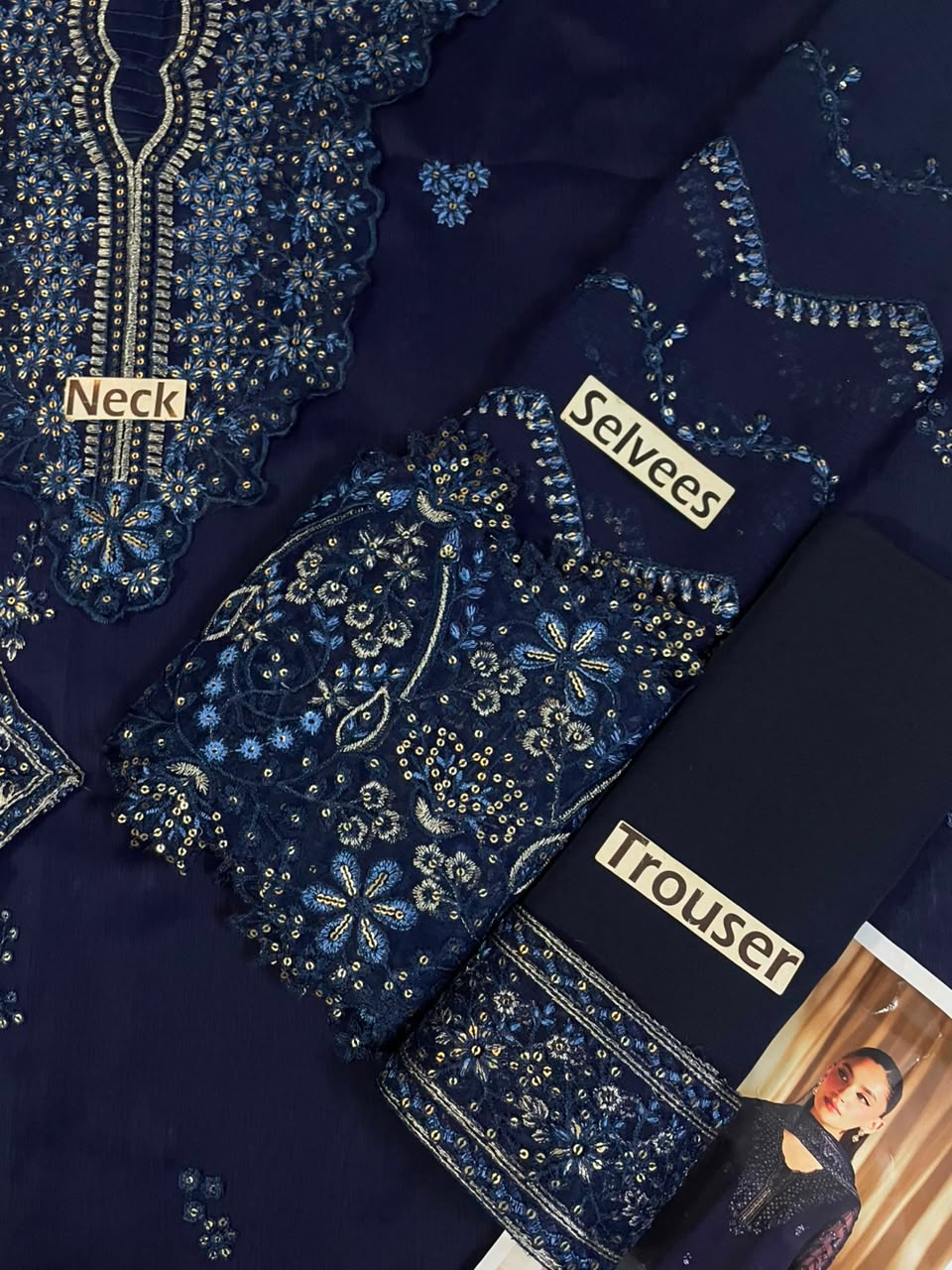 Midnight Navy Luxury Chiffon Embroidered Suit with Malai Trouser | Elegant Formal & Festive Wear