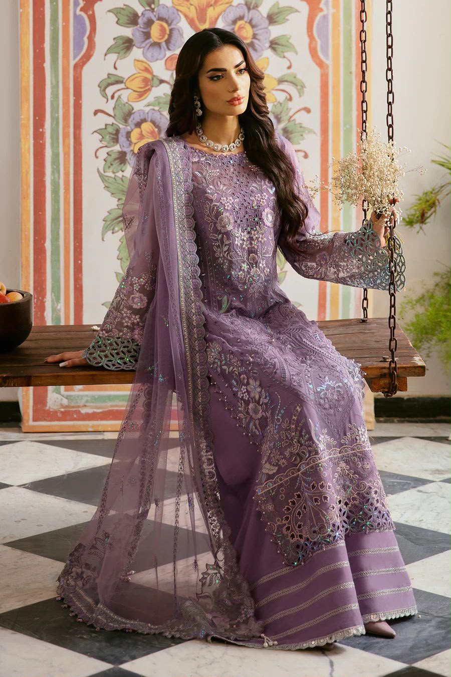 Luxury Chiffon Embroidered Suit with Gharara | Elegant Formal & Festive Wear