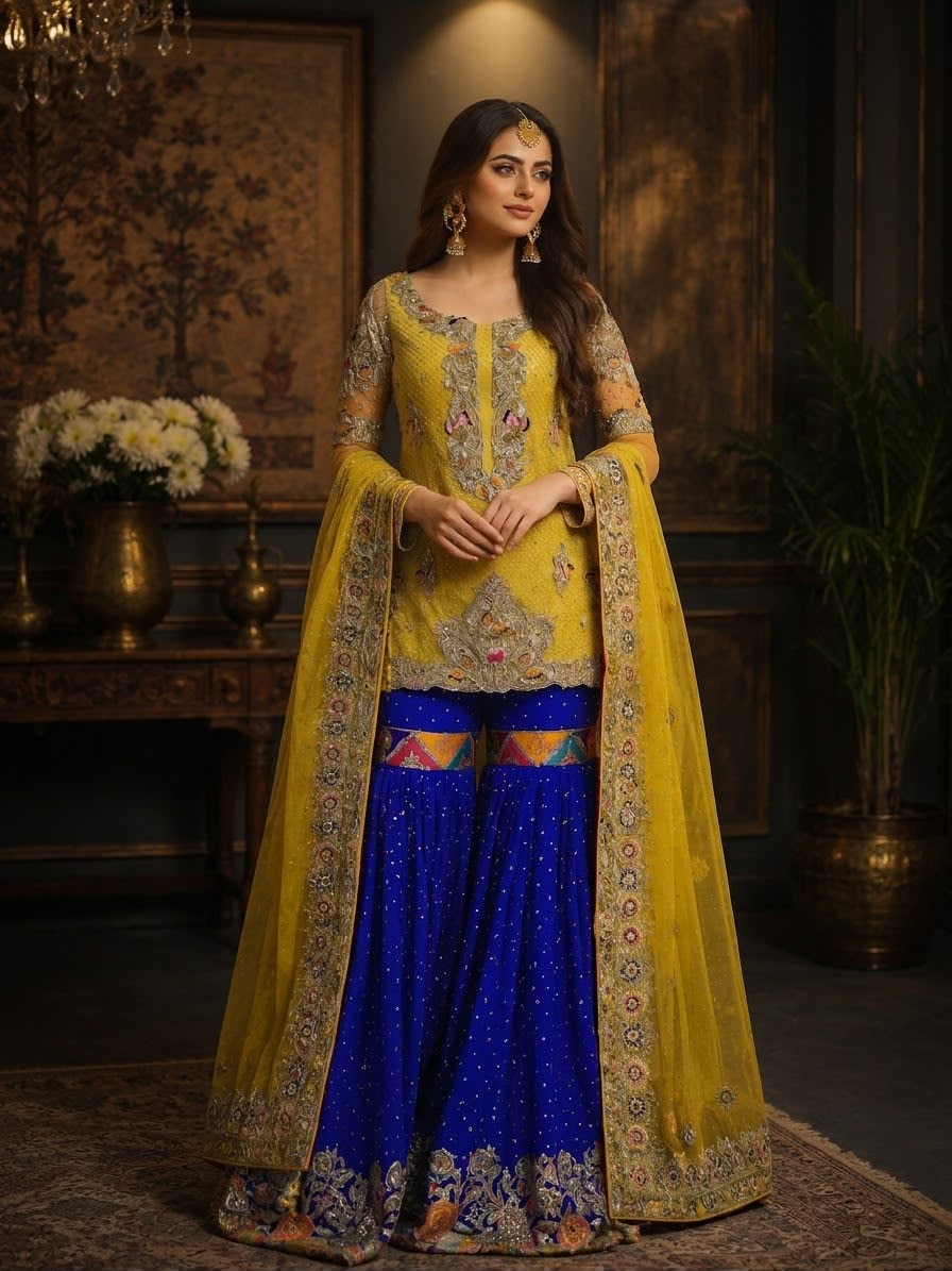 Royal Yellow & Cobalt Blue Chiffon Gharara Suit | Luxury Pakistani Mehndi & Wedding Guest Outfit