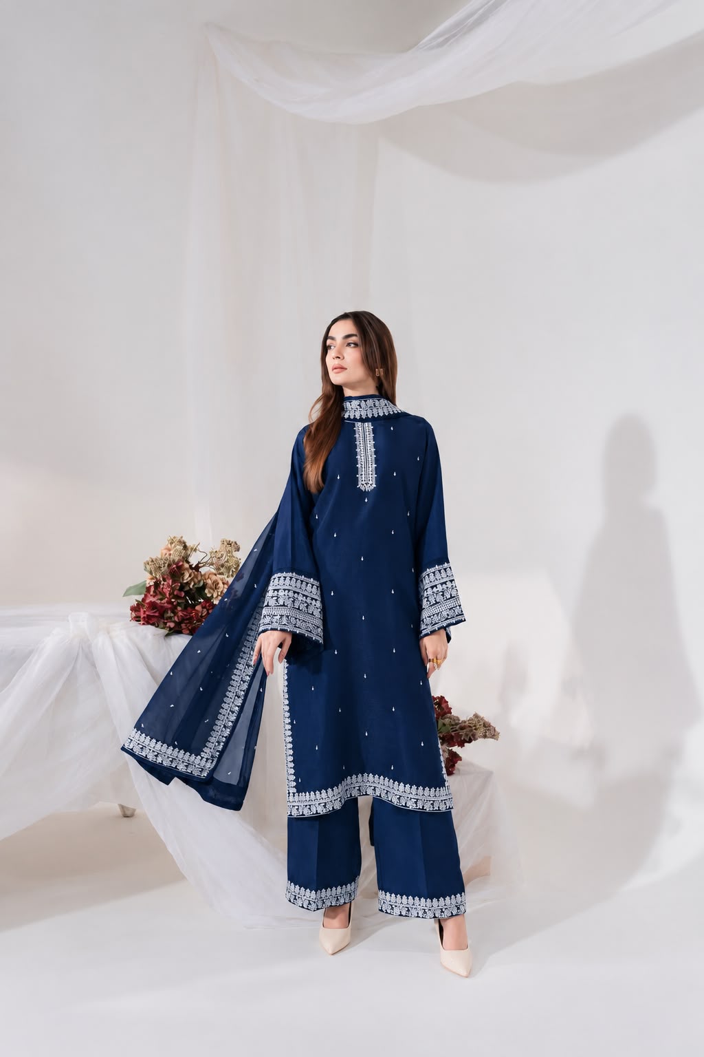 Luxury Chiffon Heavy Neck Embroidered Suit with Wide-Legged Pants & Dupatta | Formal & Festive Wear