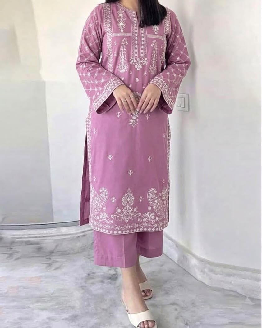 Embroidered Dhanak Fabric 2-Piece Kurti with Trouser Set – Winter Festive Wear