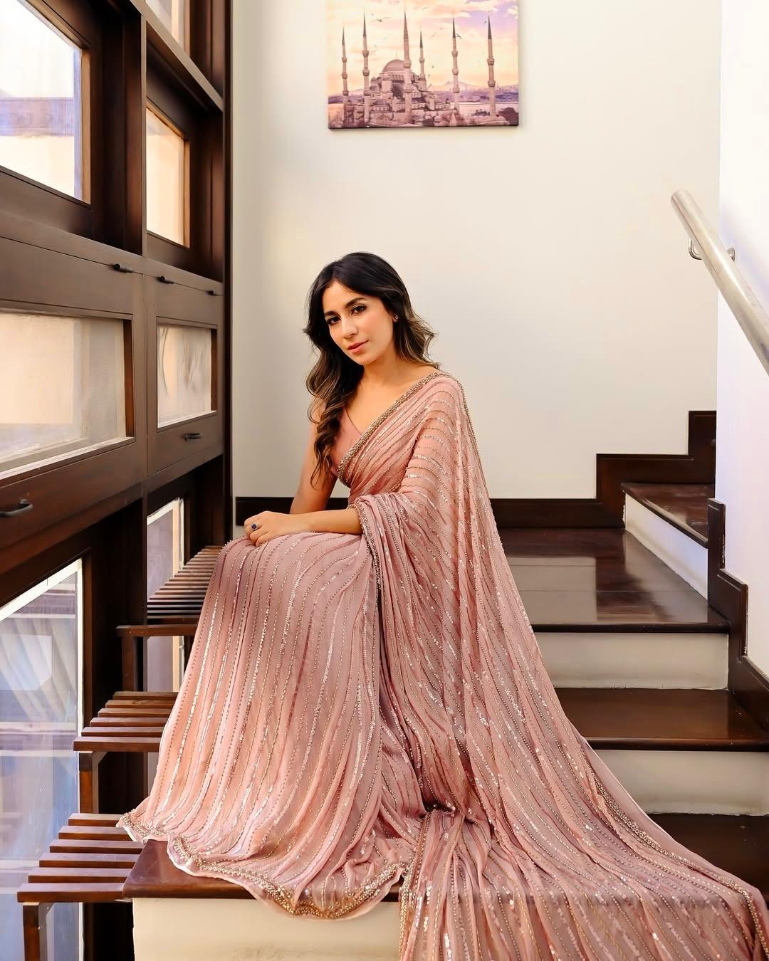 Blush Pink Semi-Pure Chiffon Sequinned Saree | Elegant Formal & Festive Wear