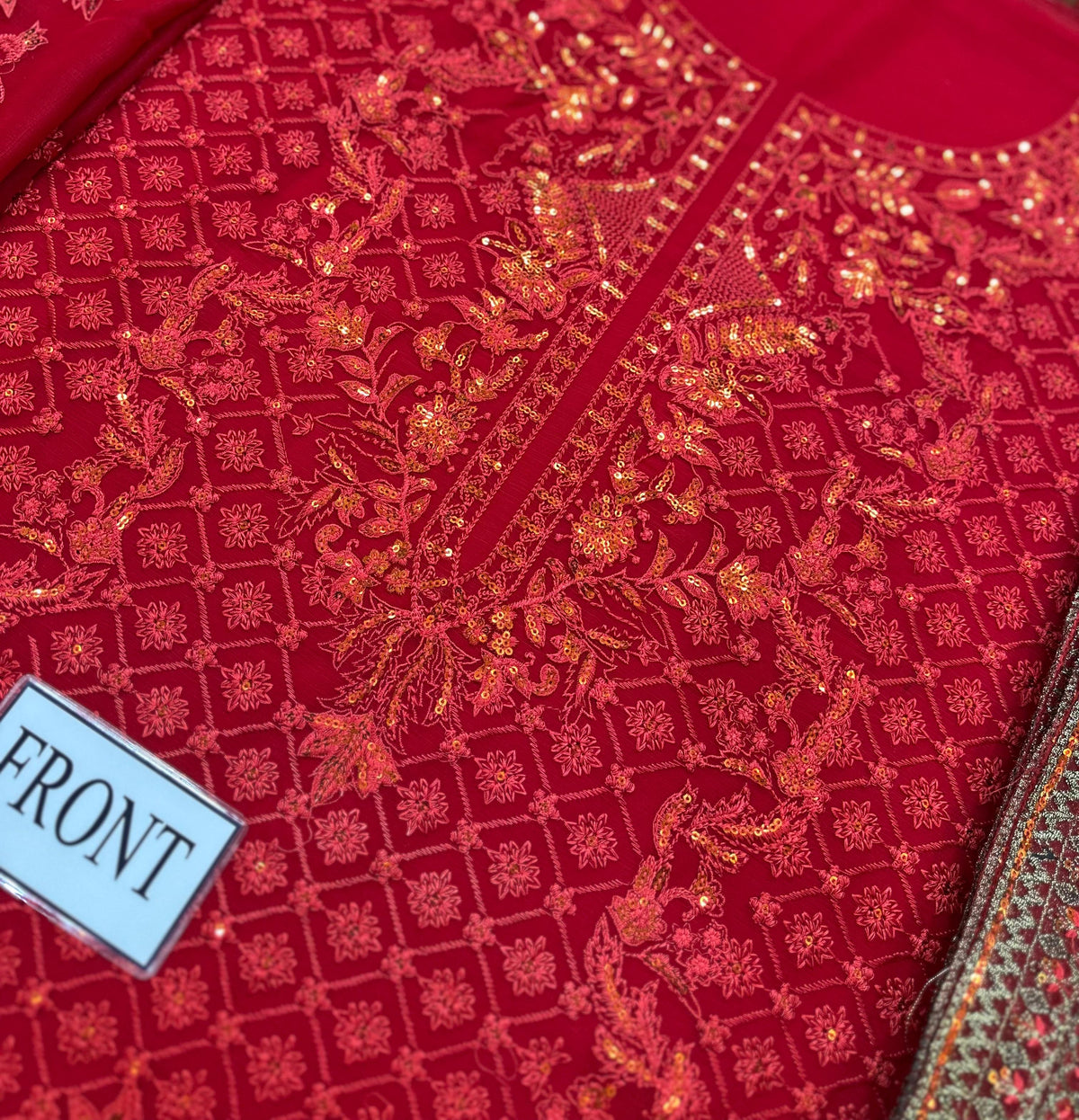 Ruby Red Luxury Chiffon Embroidered Suit with Gharara | Elegant Formal & Festive Wear