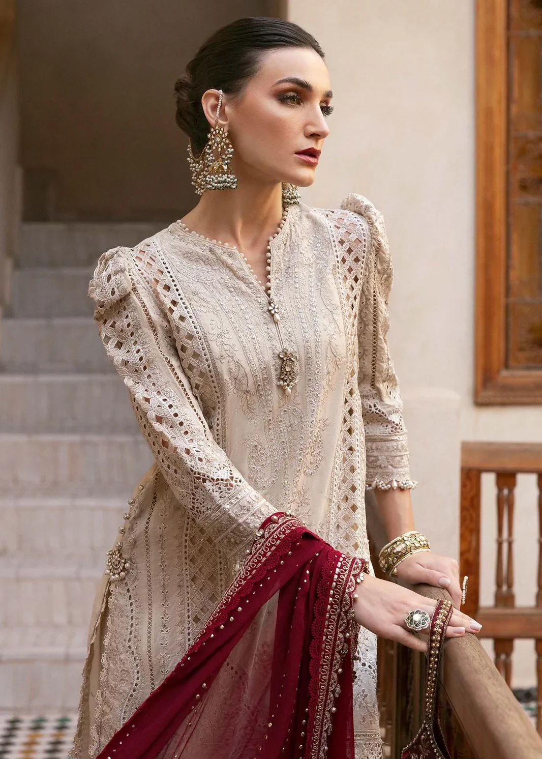 Ivory Luxe Lawn Embroidered 3-Piece Suit with Crimson Dupatta