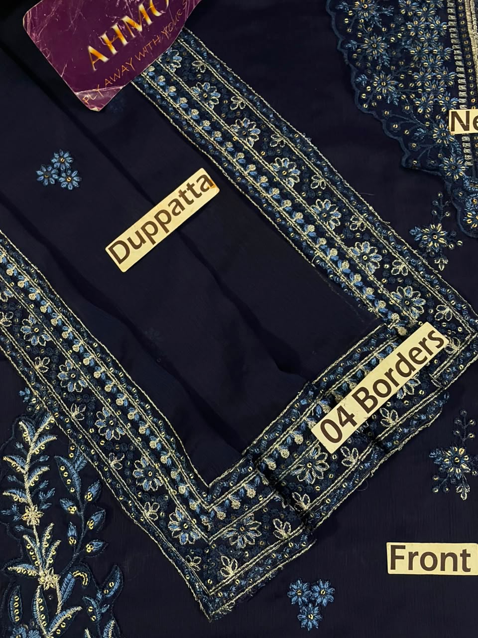 Midnight Navy Luxury Chiffon Embroidered Suit with Malai Trouser | Elegant Formal & Festive Wear