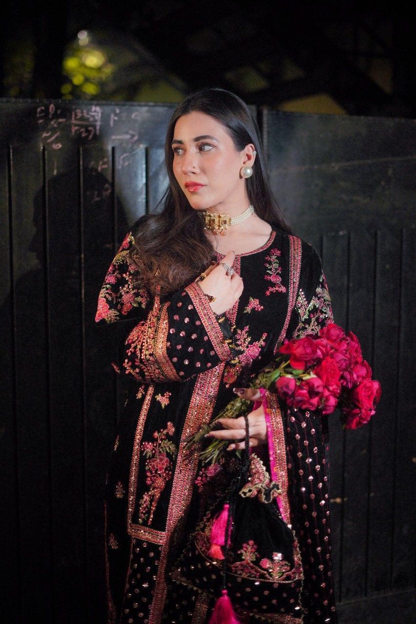 Black Luxury Heavy Embroidered Velvet Suit with Matching Dupatta | Elegant Winter Formal & Festive Wear