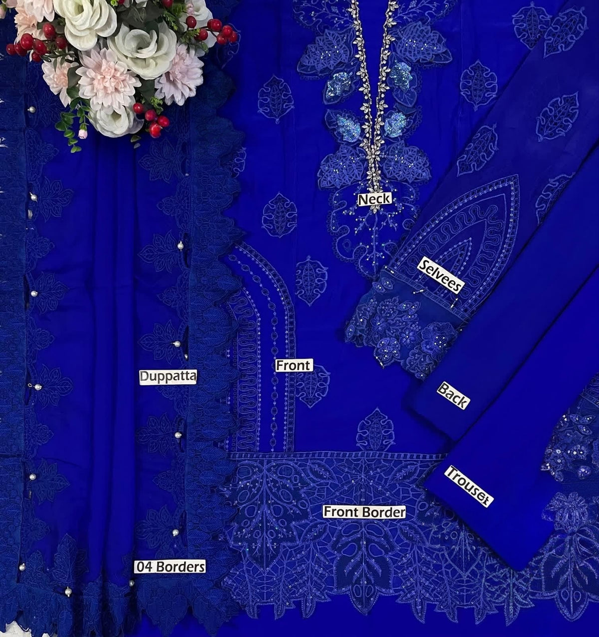 Royal Blue Embellished Chiffon Evening Gown – Elegant Floral Embroidered Occasion Wear