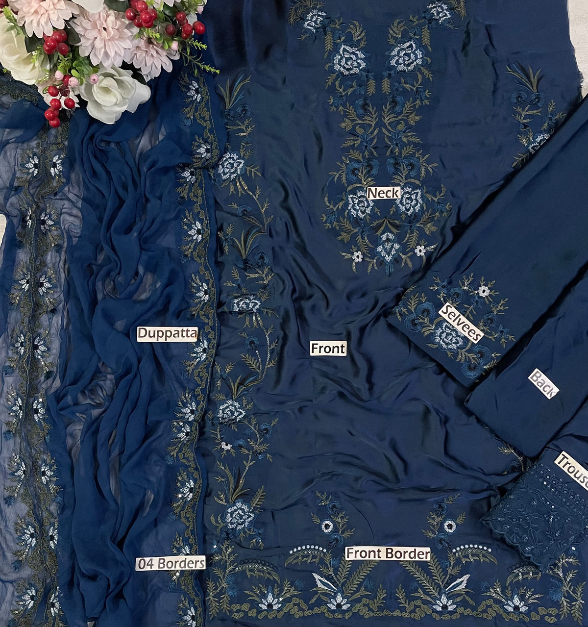 Formal Embellished Long Shirt Ensemble with Matching Dupatta