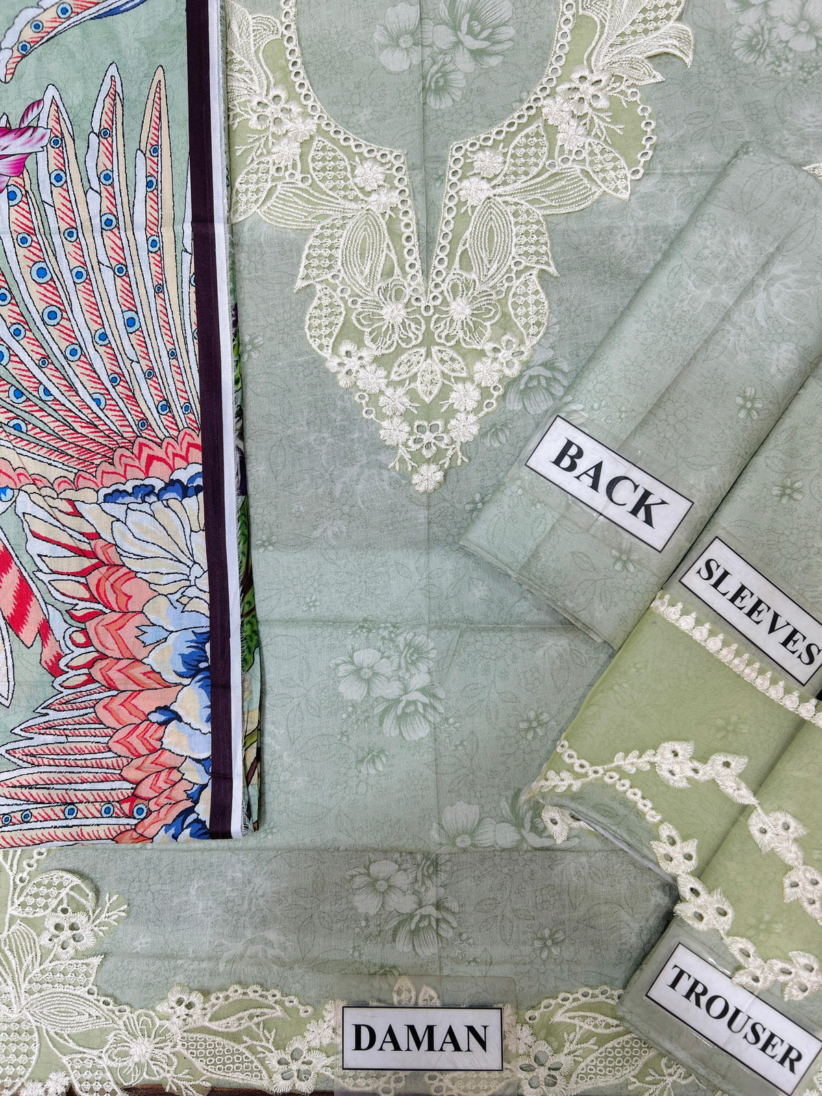 Sage Green Printed Lawn Suit with Heavy Embroidered Neckline & Cutwork Border | Casual & Summer Festive Wear