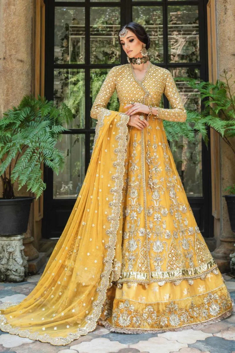 Luxury Mustard Yellow Embroidered Pakistani Bridal Maxi with Handcrafted Dupatta & Wide-Leg Trousers