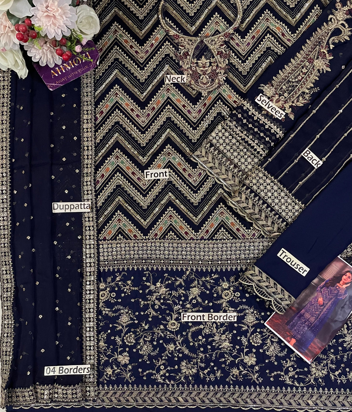 Embroidered Chiffon Kurti with Trouser and Dupatta Set – Luxury Festive Wear