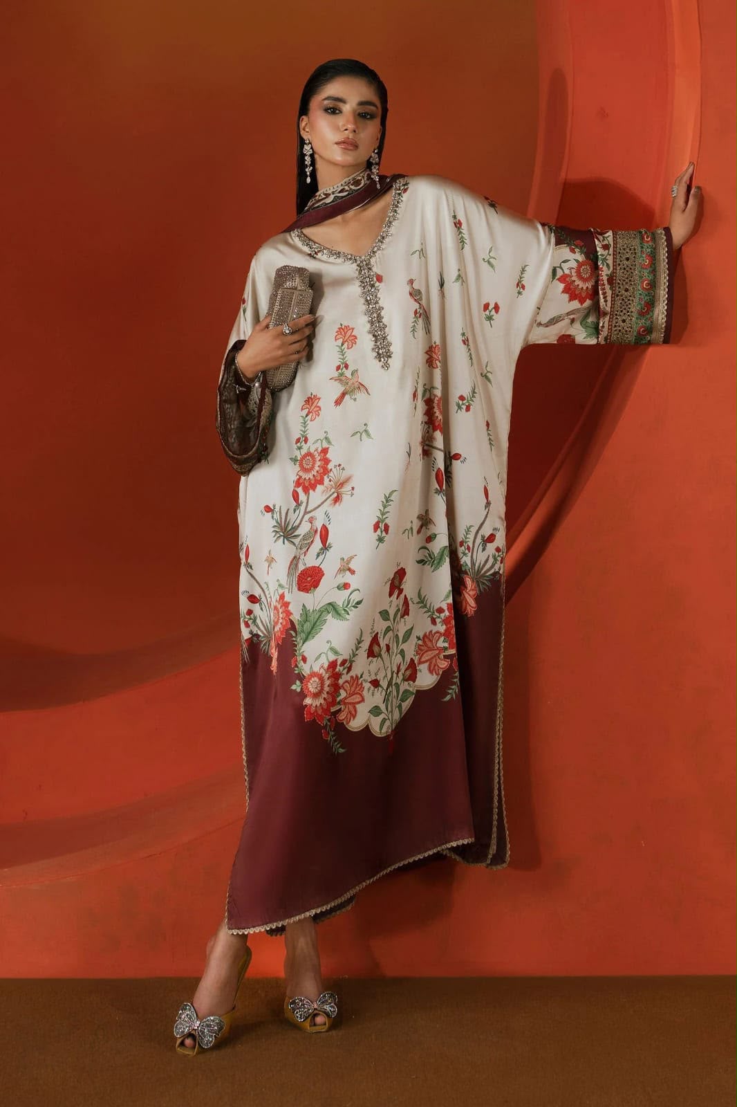 Formal Flowing Kaftan Ensemble with Embellished Neckline