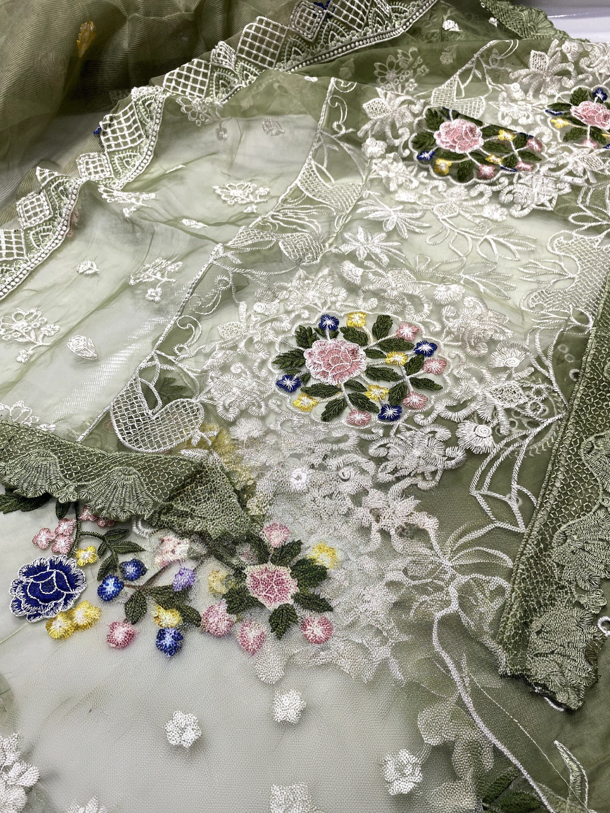 Sage Green Luxury Embroidered Cotton Suit with Net Khaddi Dupatta