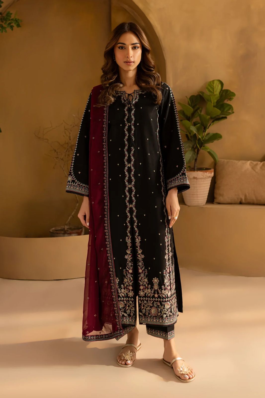 Embroidered Cotton Silk Sequence Work Suit with Chiffon Dupatta | Luxury Festive Wear
