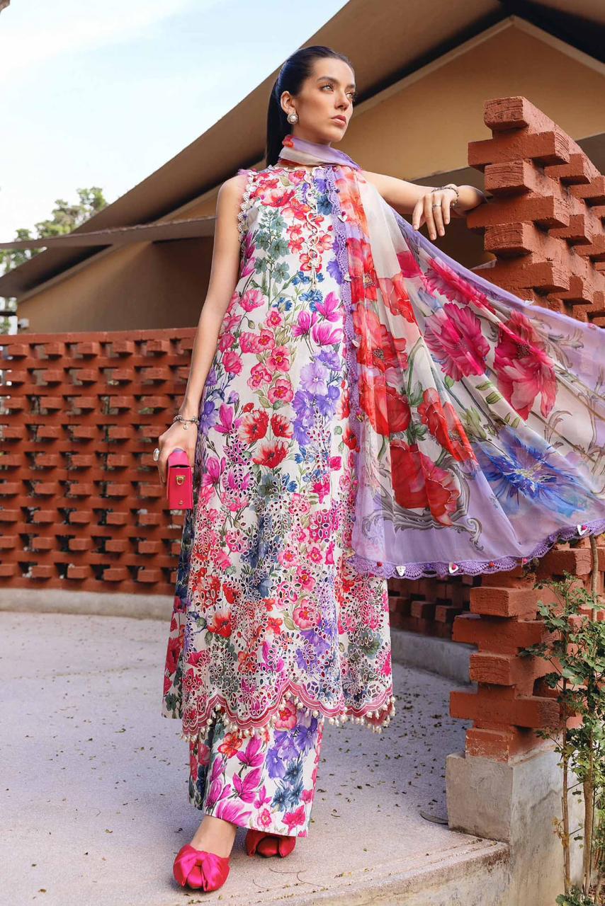 3-Piece Luxury Floral Print Cotton Lawn Suit - Vibrant Fuchsia & Violet