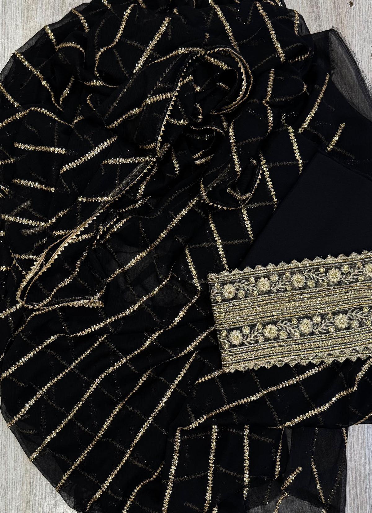 Luxury Formal Linear Embellished Suit with Heavy Border Bottoms