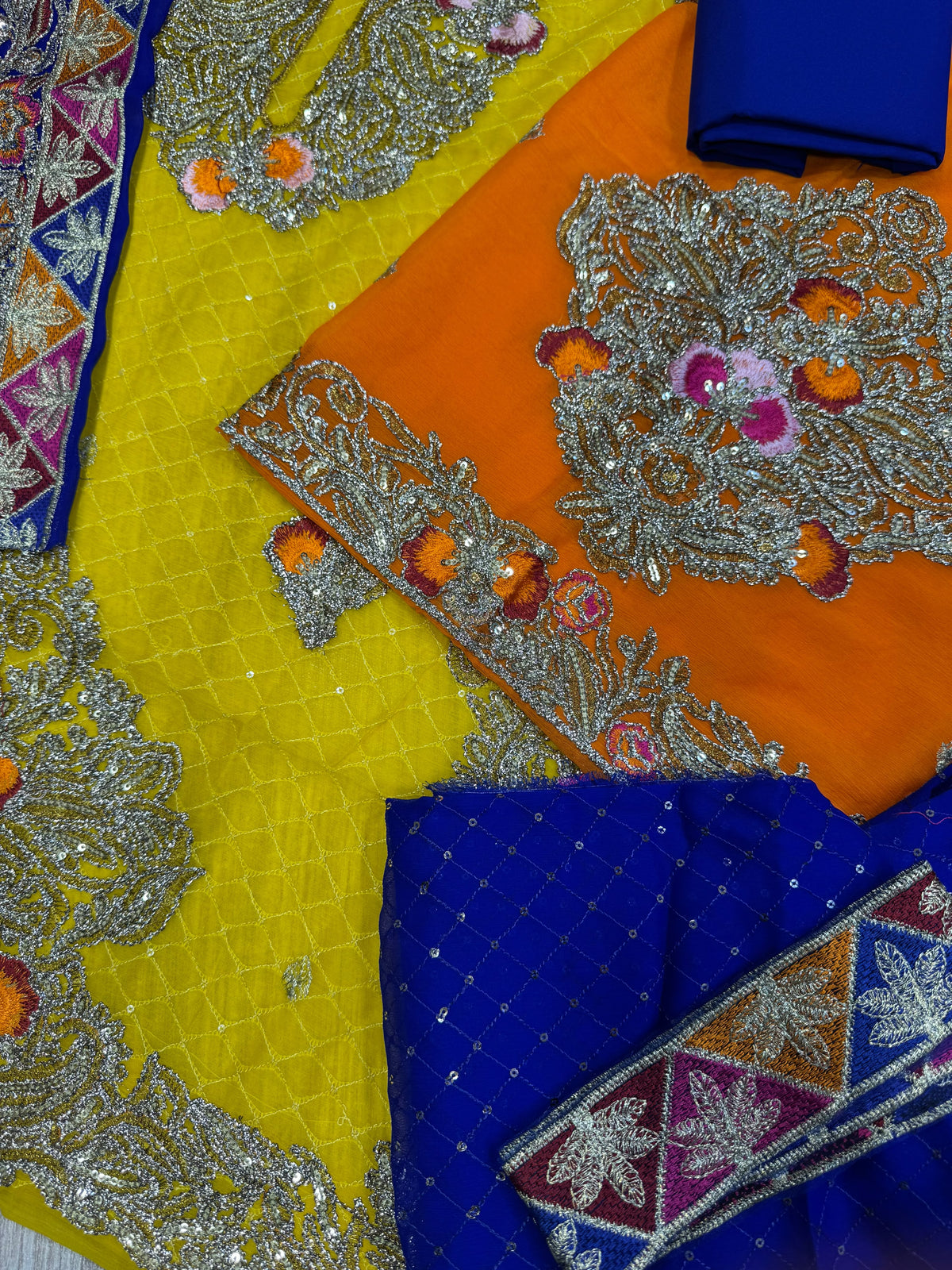 Royal Yellow & Cobalt Blue Chiffon Gharara Suit | Luxury Pakistani Mehndi & Wedding Guest Outfit