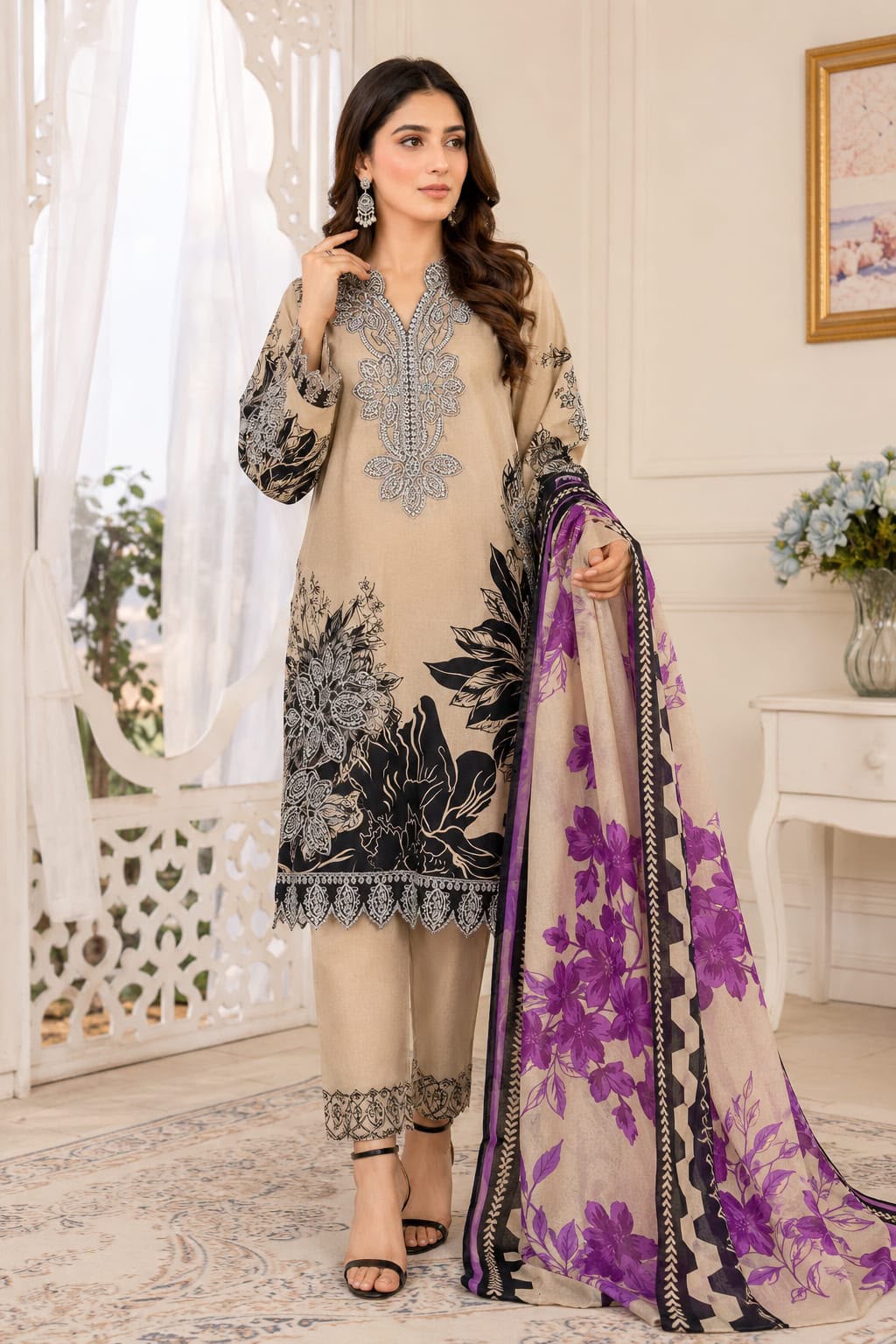 Printed Lawn Suit with Heavy Embroidered Neckline & Purple Floral Dupatta | Casual & Festive Wear
