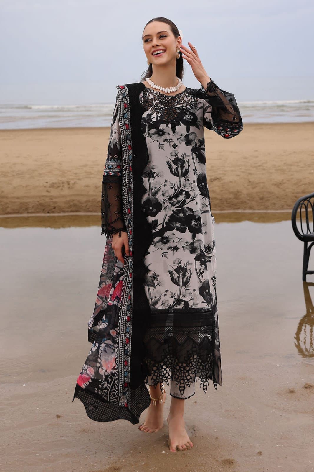 Noir Elegance Monochrome Printed Lawn Set with Luxury Chiffon Dupatta