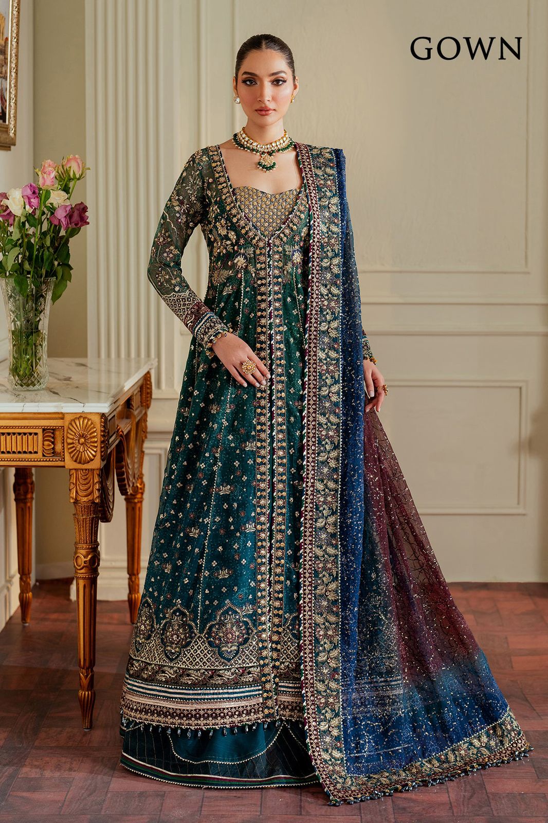 Luxurious Emerald Green Embroidered Chiffon Anarkali Frock with Contrast Dupatta