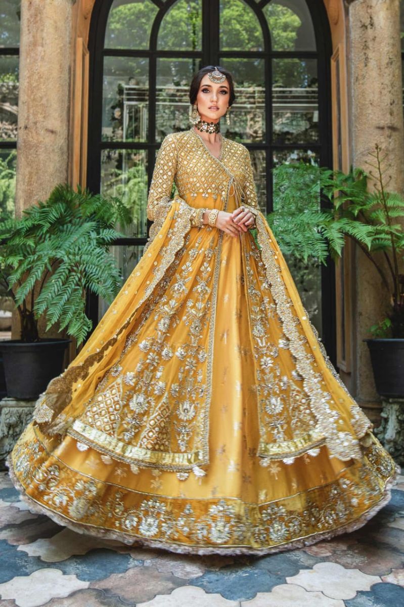 Luxury Mustard Yellow Embroidered Pakistani Bridal Maxi with Handcrafted Dupatta & Wide-Leg Trousers