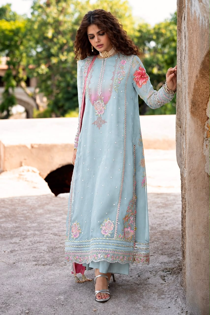 Luxury Formal Sheer Net & Thread-Work Ensemble